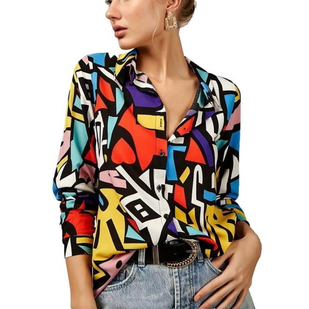 Big Dart Multicolor Abstract Long Sleeve Button Down Blouse Shirt Sz 54 …